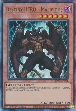 Destiny HERO - Malicious (PUR) (RA03-EN001) - Quarter Century Bonanza Prismatic Ultimate Rare 1st Edition