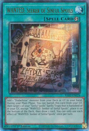 WANTED: Seeker of Sinful Spoils (PUR) (RA03-EN074) - Quarter Century Bonanza Prismatic Ultimate Rare 1st Edition